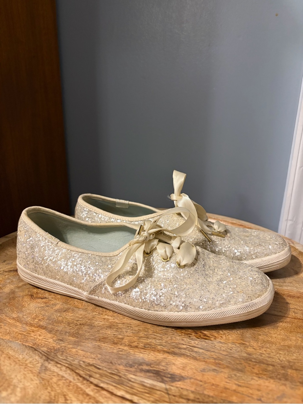 Keds x Kate Spade Ivory Glitter Satin Lace Wedding Sneakers - Size 7